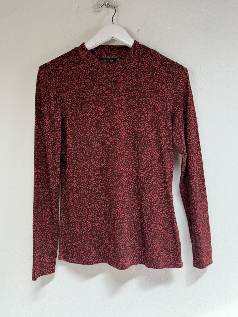 Ted Baker Rhheaa Animal Print Top Mock Neck Blouse Oxblood Red Women Size 3 US 8